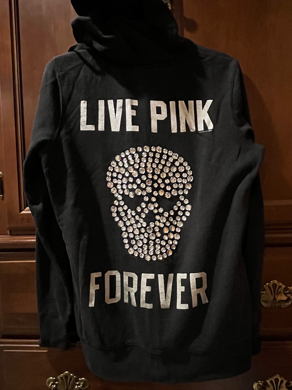 Victoria Secret PINK Vintage y2k LIVE PINK FOREVER Rhinestone Skull Zip Up